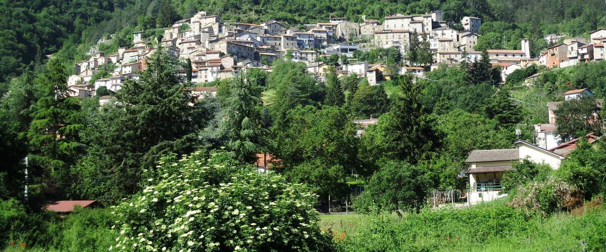 A hillside village with buildings nestled among lush green hills.