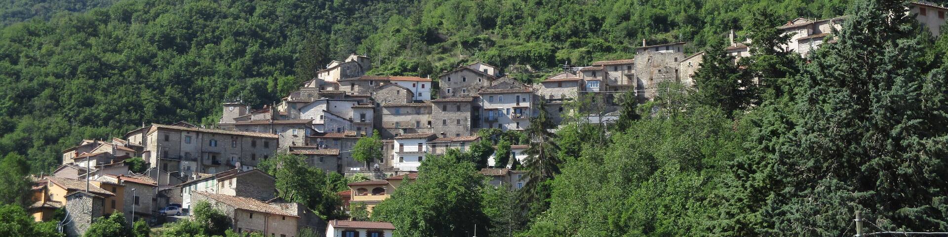 A hillside village with traditional buildings nestled among lush green trees.