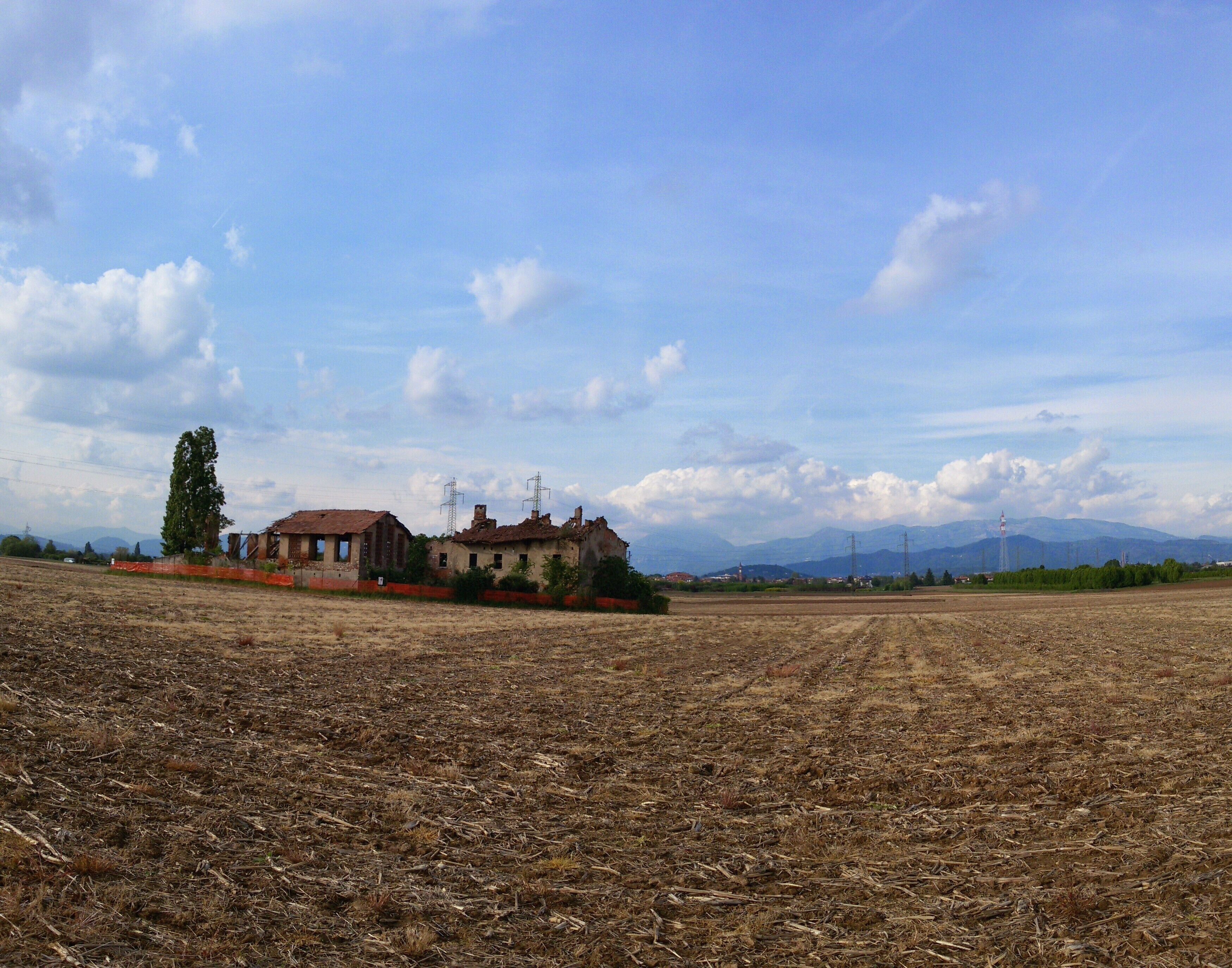 A rural landscape with a field, a dilapidated house, a tall tree, and distant mountains.