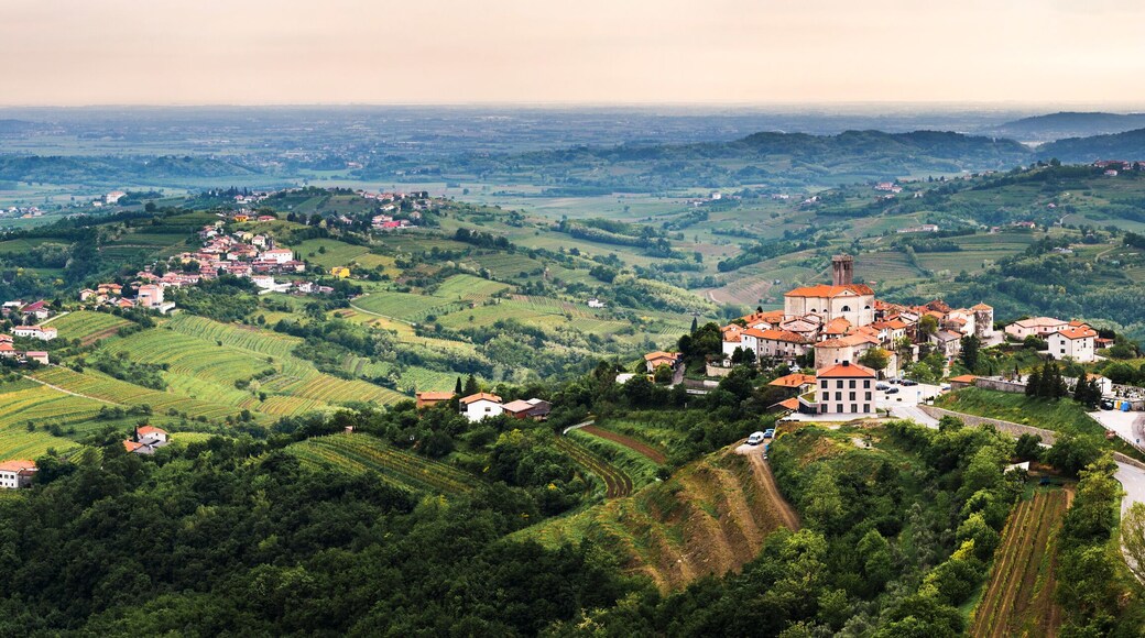 Smartno in the foreground and Kozana in the background surrounded by vineyards, Goriska Brda (Gorizia Hills), in Brda, the wine region of Slovenia, Europe