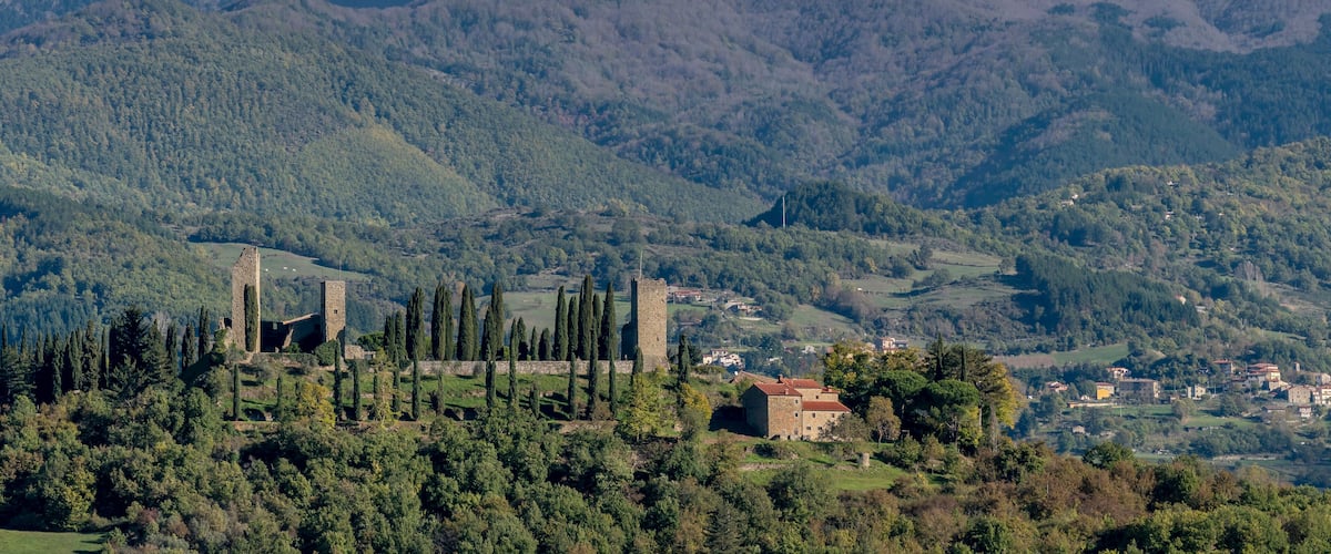 A mountainous landscape with a historic tower and ruins, surrounded by dense forests and a small village.