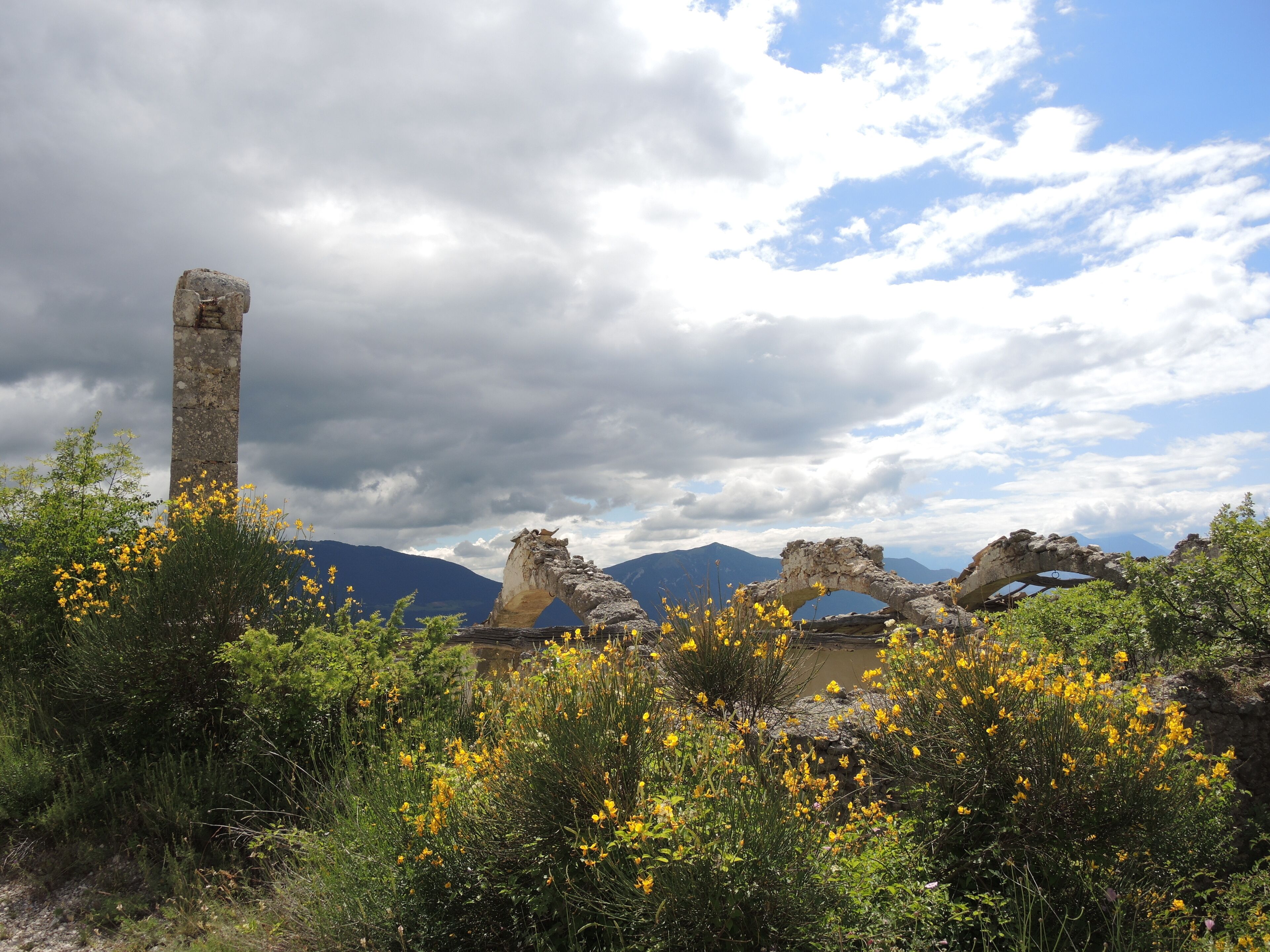 Ancient ruins with stone arches and a tall pillar amidst lush greenery and yellow flowers.