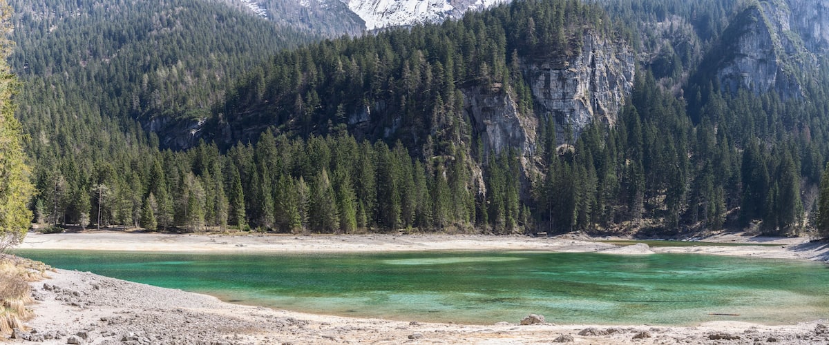 A lake surrounded by dense forest and rocky mountains.