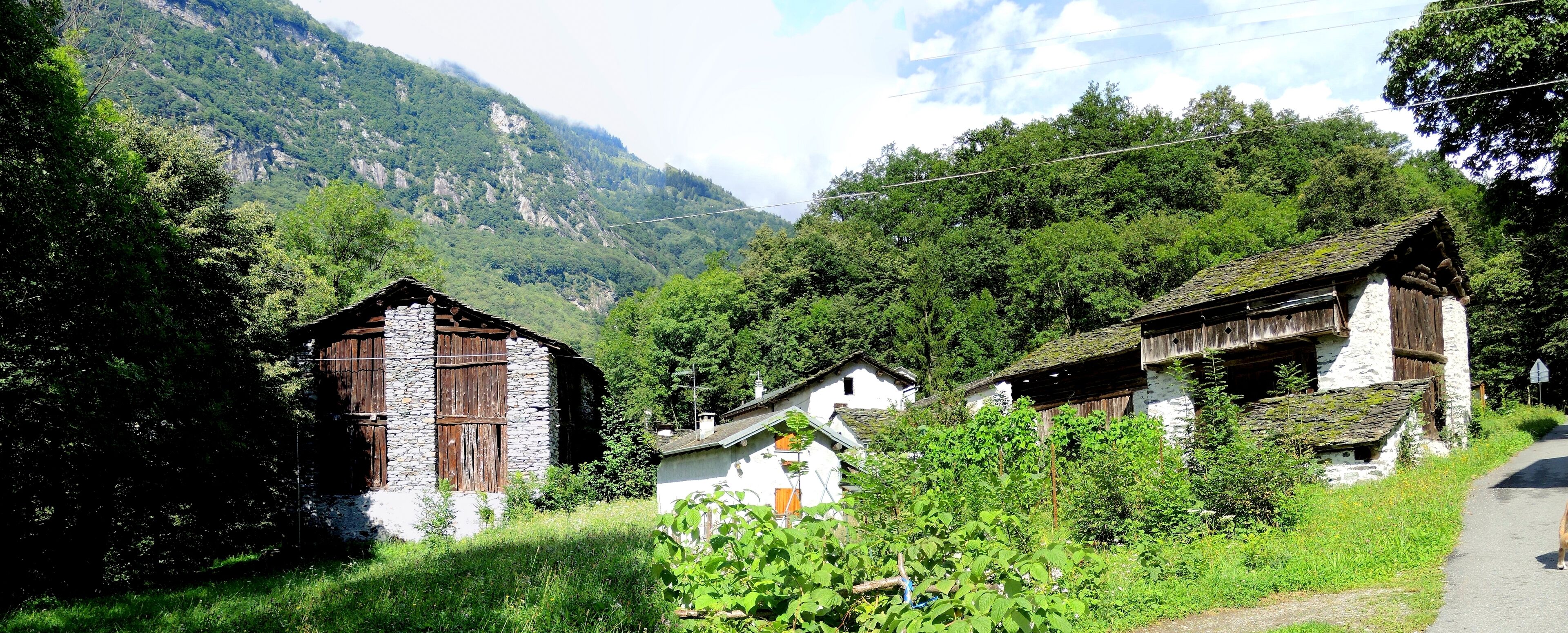 A rural village with stone and wooden houses surrounded by lush greenery and mountains.