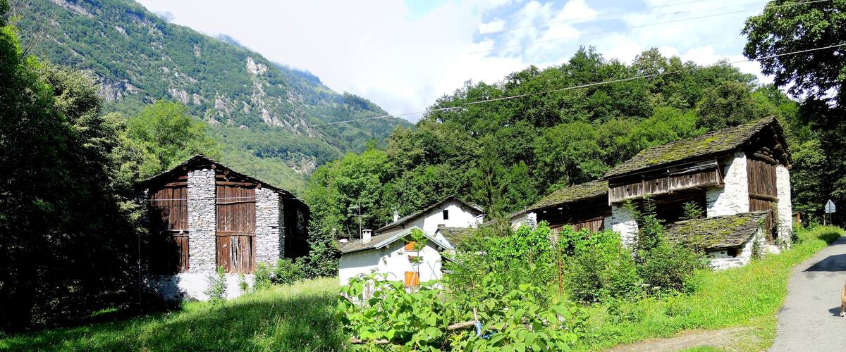 A rural village with stone and wooden houses surrounded by lush greenery and mountains.