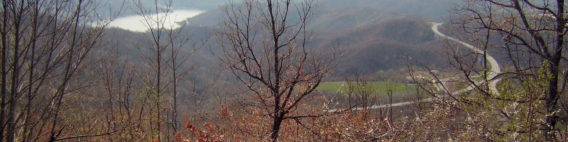 Il lago del Salto e la superstrada Rieti-Torano (strada statale 578), di cui si scorge lo svincolo di Pagliara, fotografati dalla strada provinciale 22 all'altezza di Mercato, frazione di Fiamignano (provincia di Rieti, Lazio).
