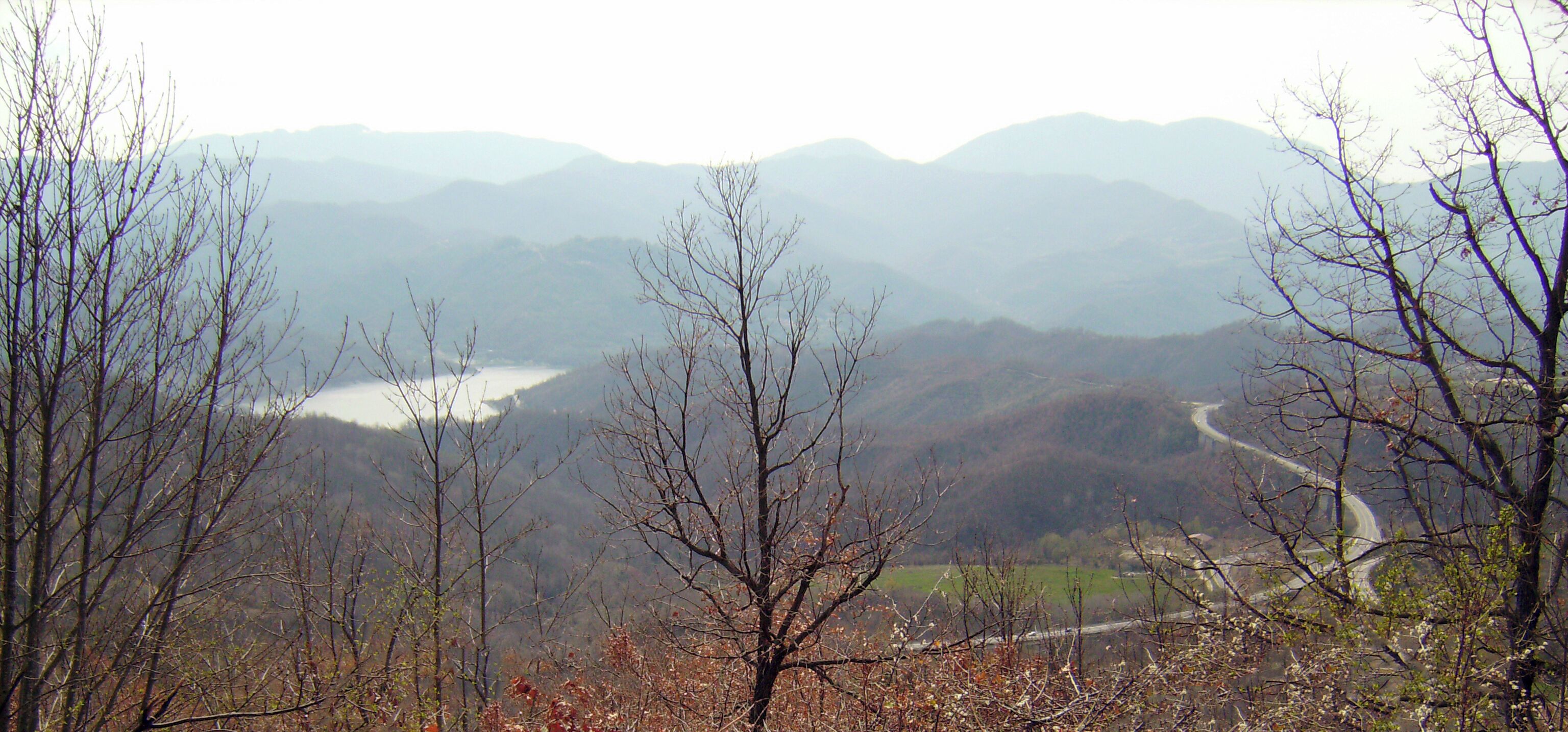 A mountainous landscape with a winding road, a lake, and leafless trees.