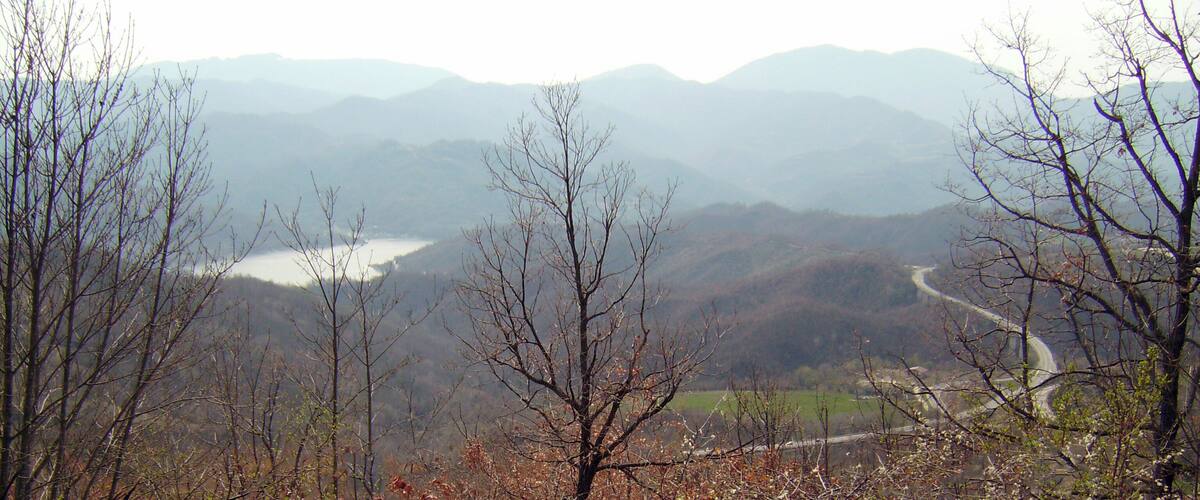 A mountainous landscape with a winding road, a lake, and leafless trees.
