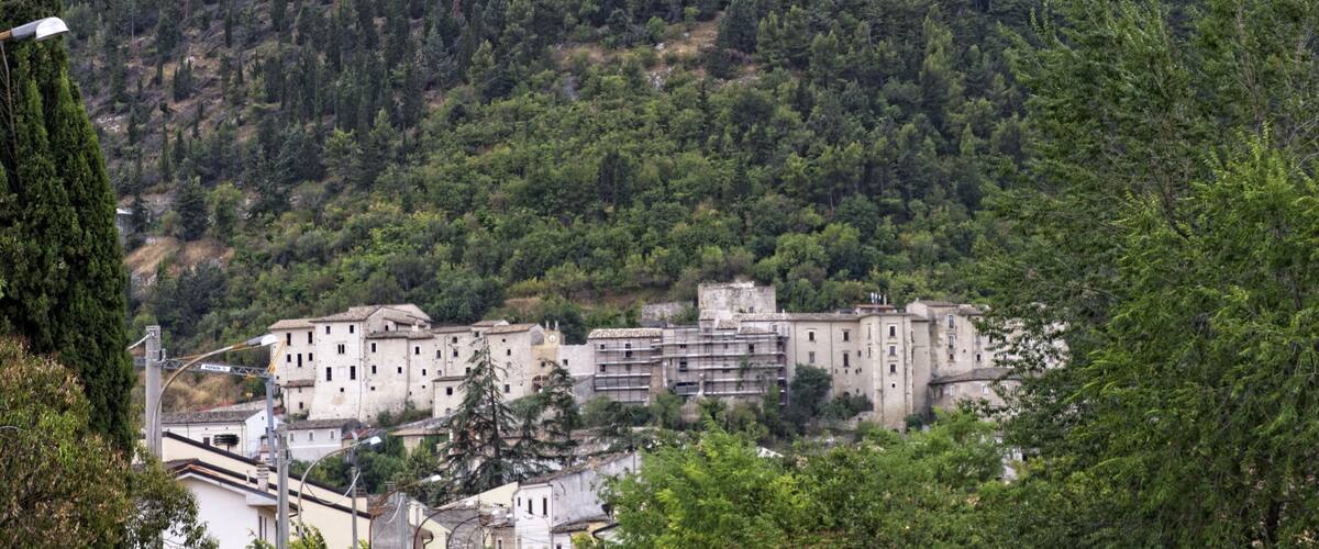 A mountainous landscape with a dense forest, a stone tower, and a cluster of buildings at the base.