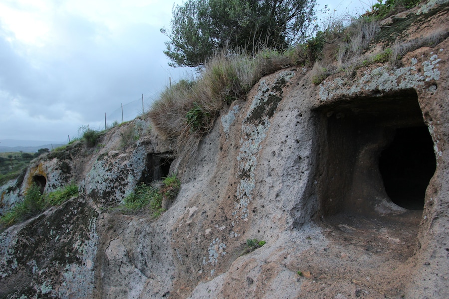 Un paisaje rocoso con la entrada de una cueva y vegetación escasa.