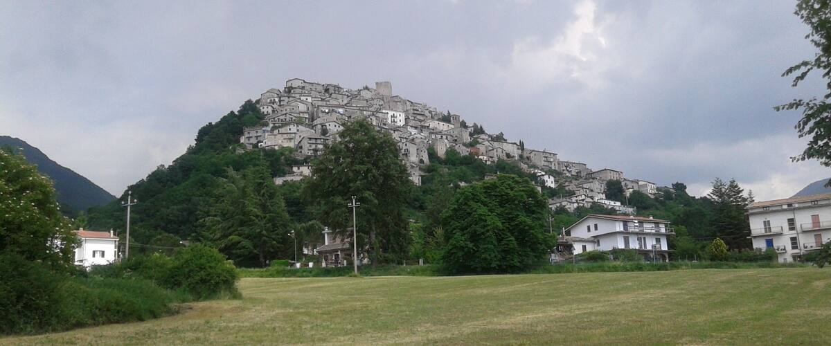 A grassy field with a hill in the background covered with buildings.