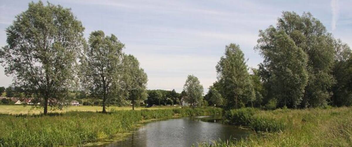 River Stour south of Bures Looking downstream from the Open Access land on the Essex side of the river.