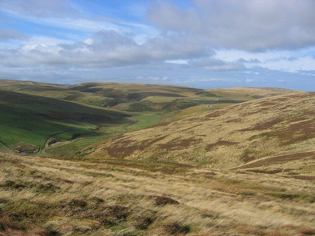 Blackhope Water. Moorland and a strip of improved grazing alongside the Blackhope Water, in the Moorfoot Hills. Taken from Whiteside Law, this shows a large chunk of the western part of the square. Looking northwards.
