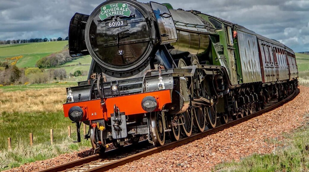 The Flying Scotsman, as it travels down through the Scottish Borders. Shot at a bend in the track, and staying safely on the right side of the safety fence