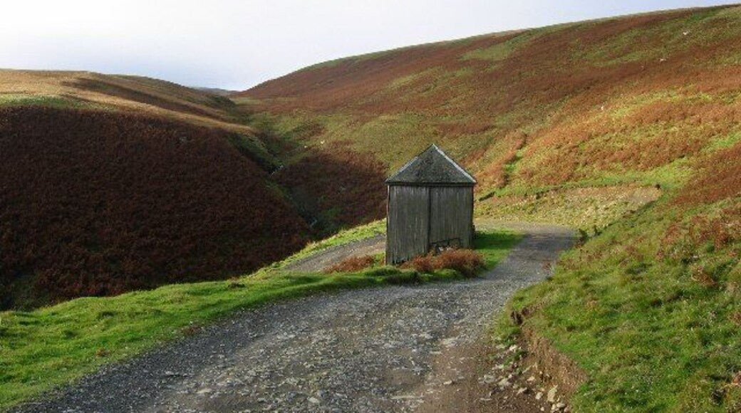 Road to Blackhope. Track to Blackhope farm. Speculation as to the building, probably a garage for times when the rest of the road to the farm was prone to snow? The photo was taken near the B7007 from Middleton to Innerleithen. At this point the Long Cleuch path emerges from the moors.