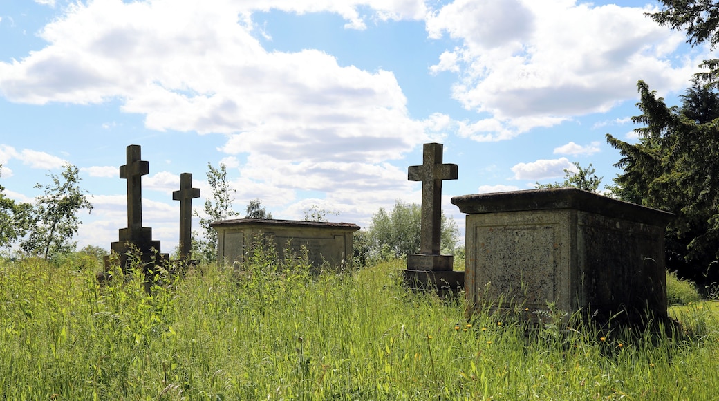 St Germain's Church, Bobbingworth, Essex, England - chest tombs and cross grave markers at the south-east in overgrown churchyard