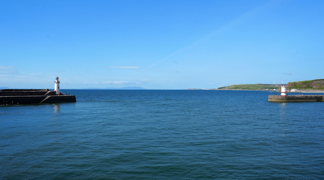 A coastal scene with two lighthouses, calm blue waters, and wind turbines in the distance.