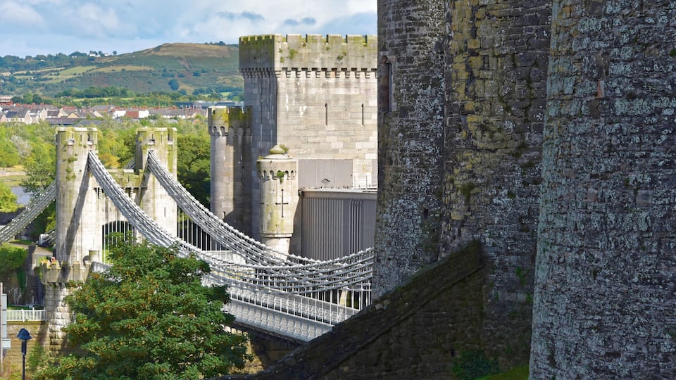 A historic stone bridge and castle walls overlooking a town.