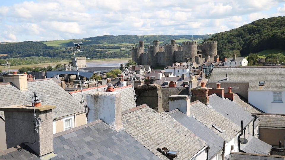 A town with a castle in the background, surrounded by green hills and a river.