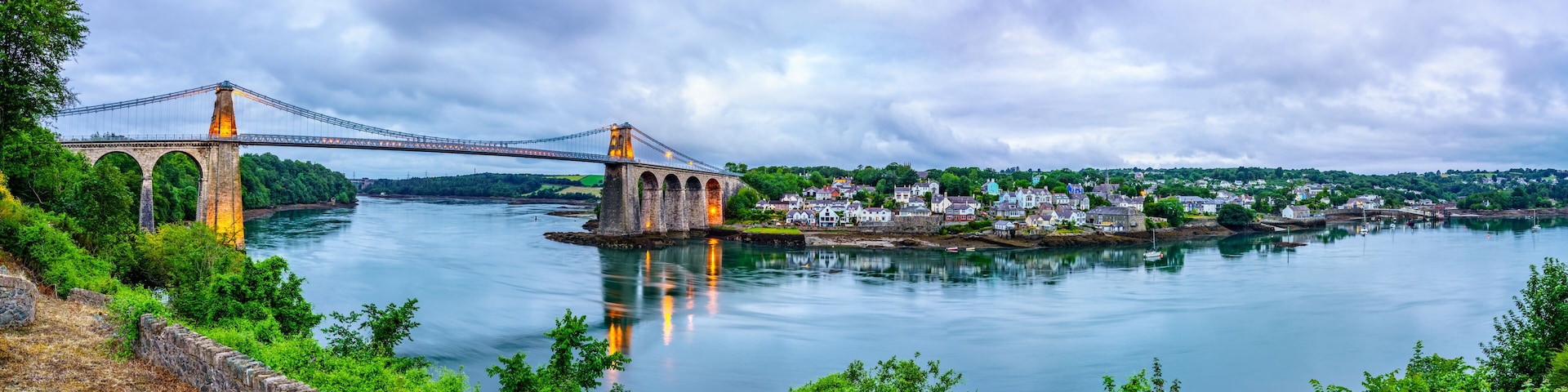 Morning panorama of Menai Bridge and Swells river in North wales