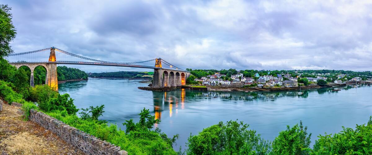 A suspension bridge over a river, surrounded by greenery and a small town.