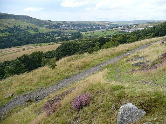 Upper Rhymney Valley. The view from 955781 showing the track from Abertysswg to Pontlottyn in the foreground. In the centre distance across the valley is Pontlottyn. On the right is Abertysswg.