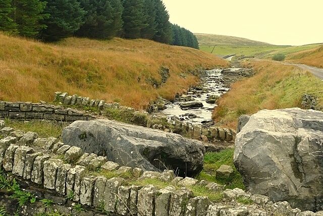 Afon Rhondda Fach The river has come down from the Lluest-wen Reservoir, the dam of which can be seen just below the skyline. A road from the reservoir follows the north bank. In the foreground is Pont Lluest-wen, carrying footpaths but not vehicles across the river.