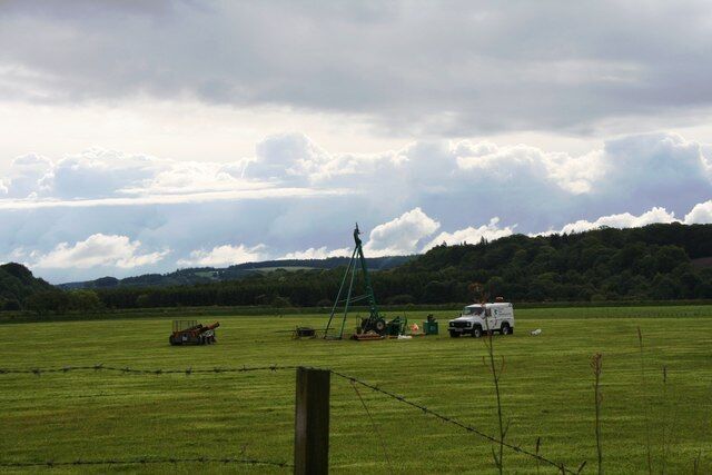 Core Drilling at Milltimber Core sampling in a field at Milltimber, presumably to aid construction of the new bypass.