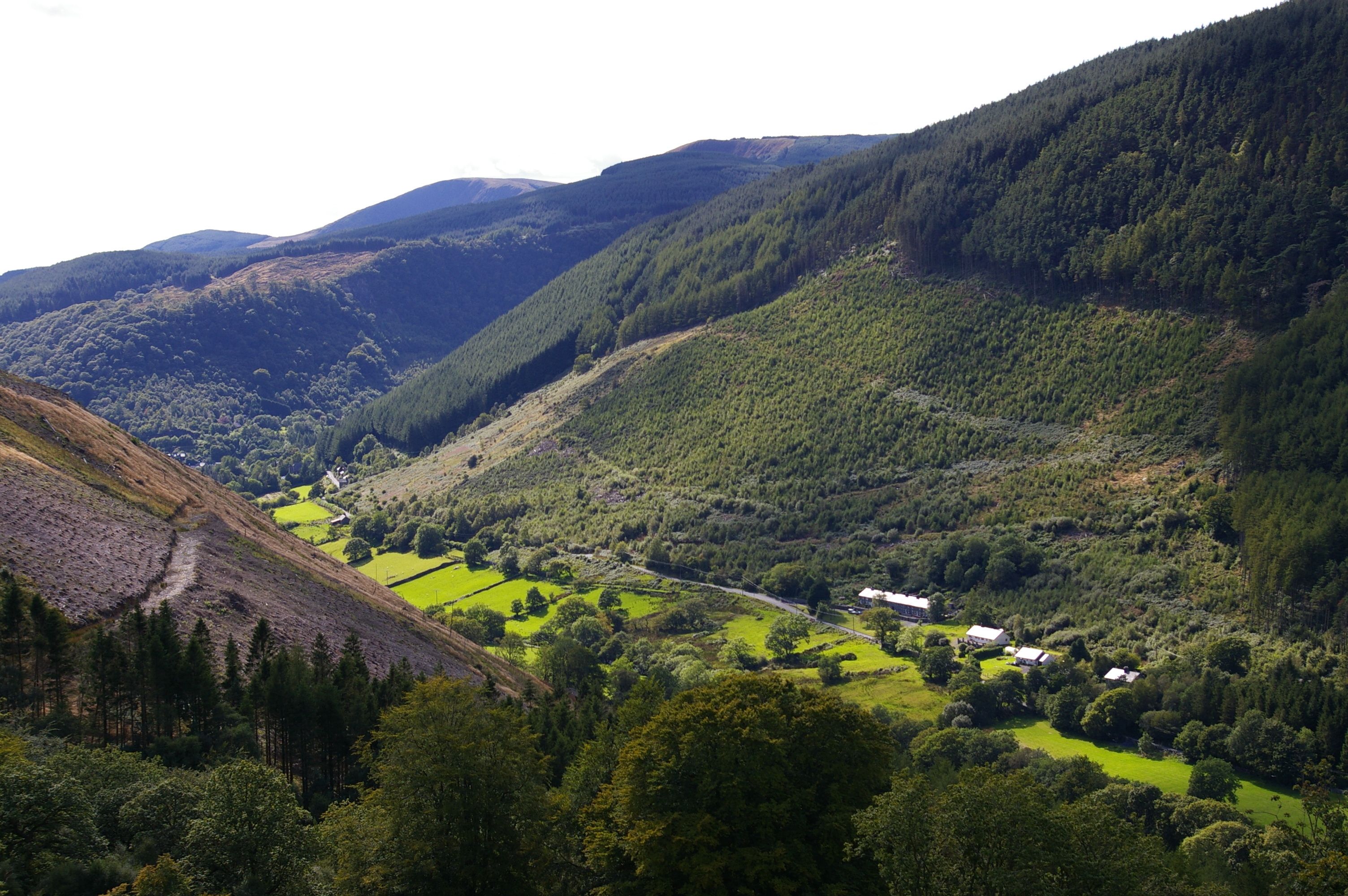 A valley with green fields, a winding road, and a house surrounded by forested hills.