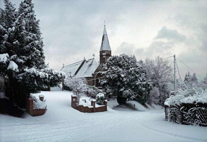 All Saints' parish church, Church Road, Kenley, south London (formerly Surrey), seen from the southeast in snow