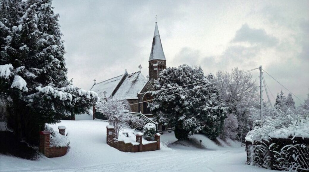 All Saints' parish church, Church Road, Kenley, south London (formerly Surrey), seen from the southeast in snow