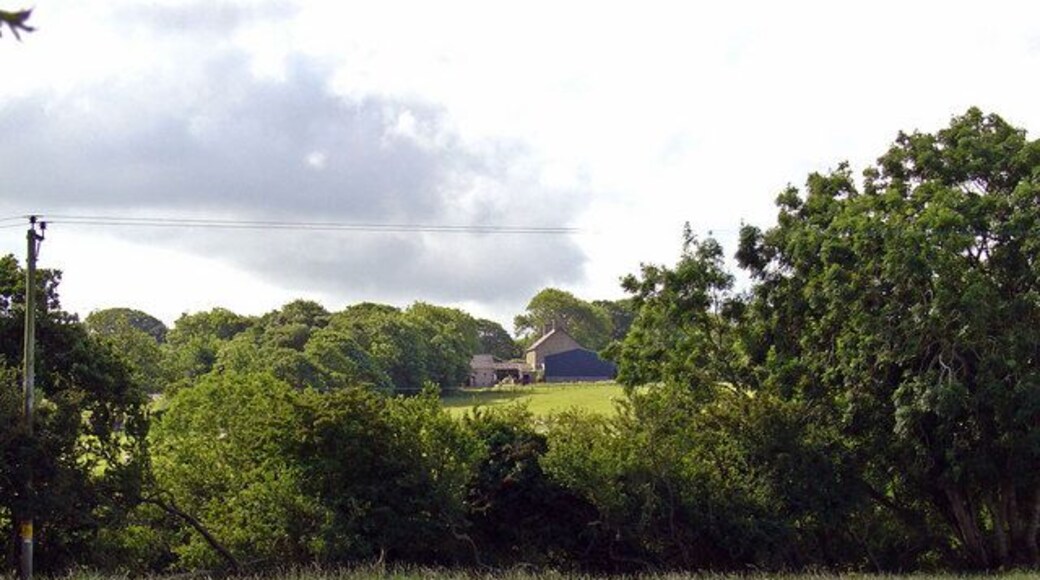 Fields at Pant-cefn, Llanarth Pant-cefn Farm (SN4357) is in the distance.