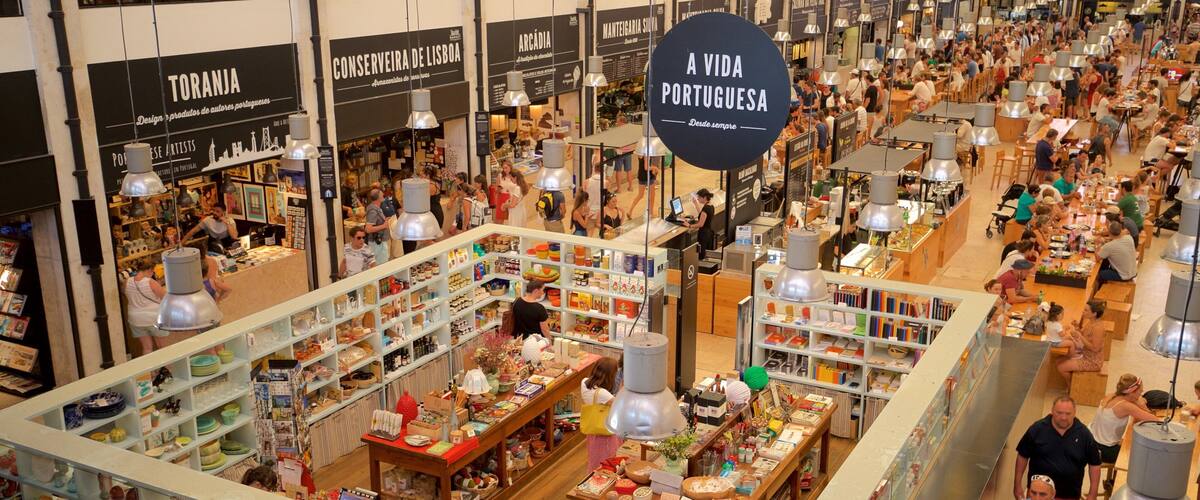 Lisbon District showing markets and interior views as well as a large group of people