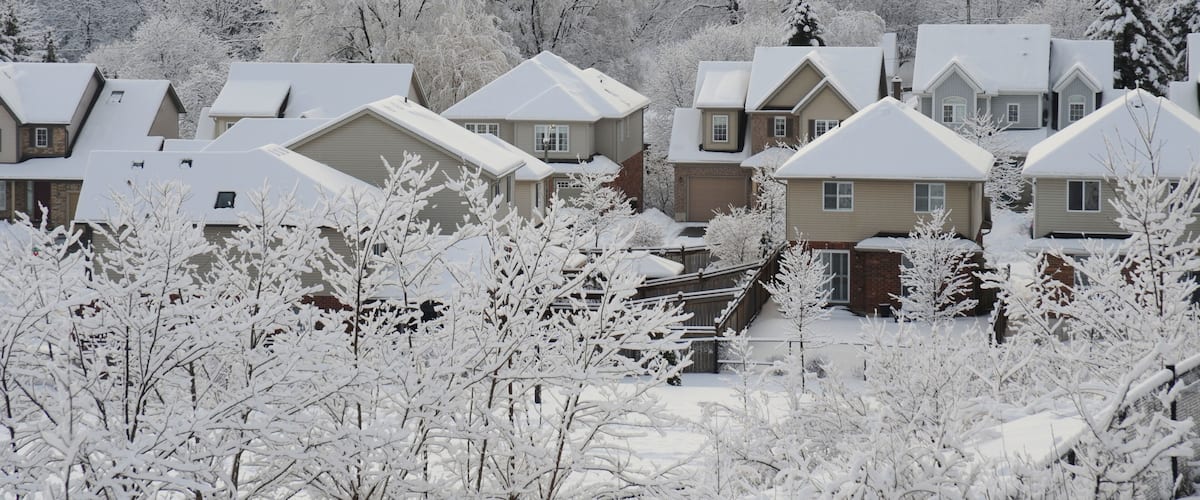 A residential area with snow-covered houses and trees.