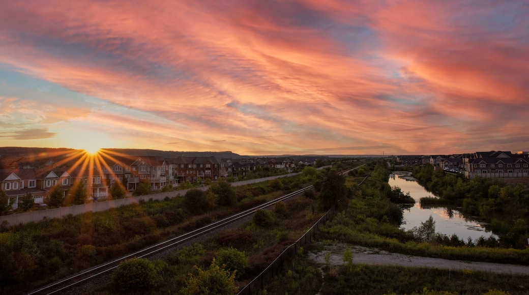 Urban sunset in Halton Region, Milton Ontario with Niagara escarpment in the background