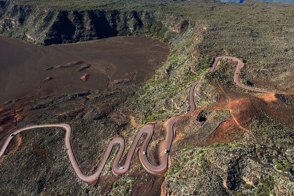 The road through lava fields to the Piton de la Fournaise.