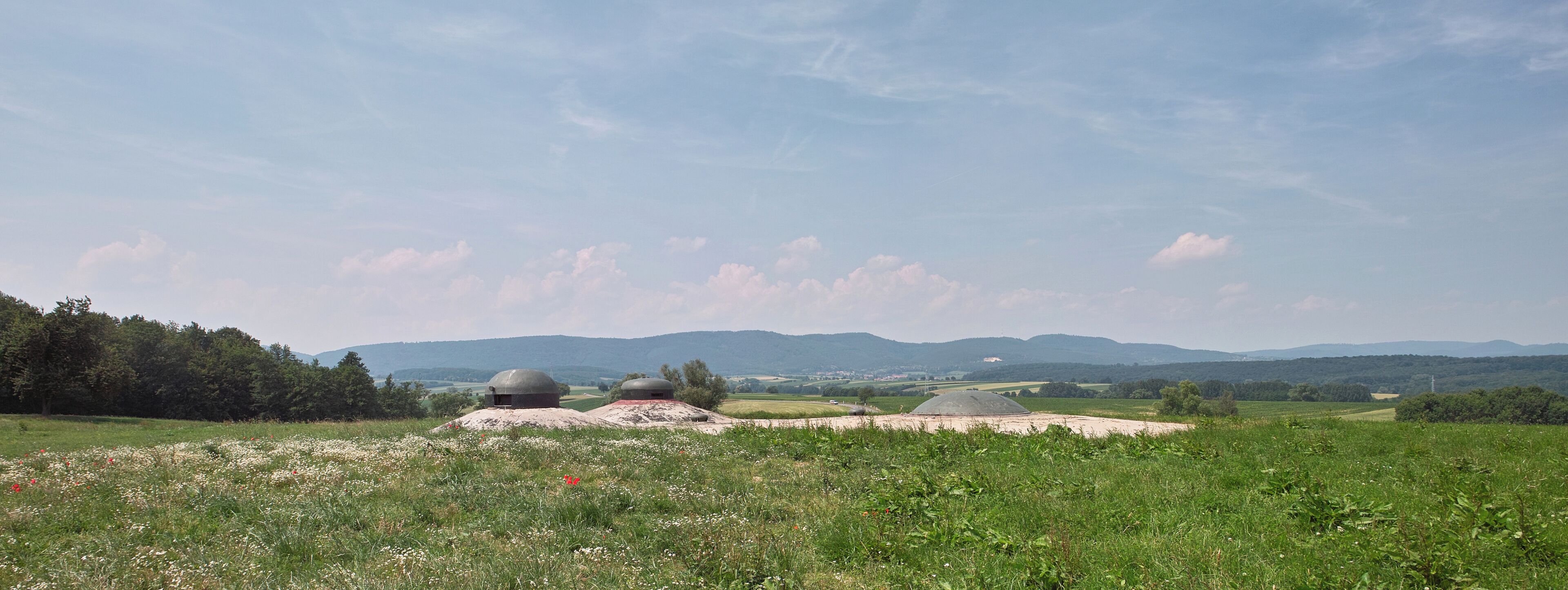 A grassy field with three domed structures and a distant mountain range under a clear sky.