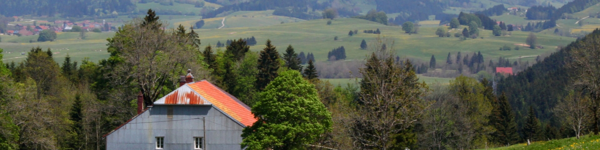 Une maison jurassienne dans la combe de Champvents. Au fond, le val de Mouthe et le mont de l'Herba.
