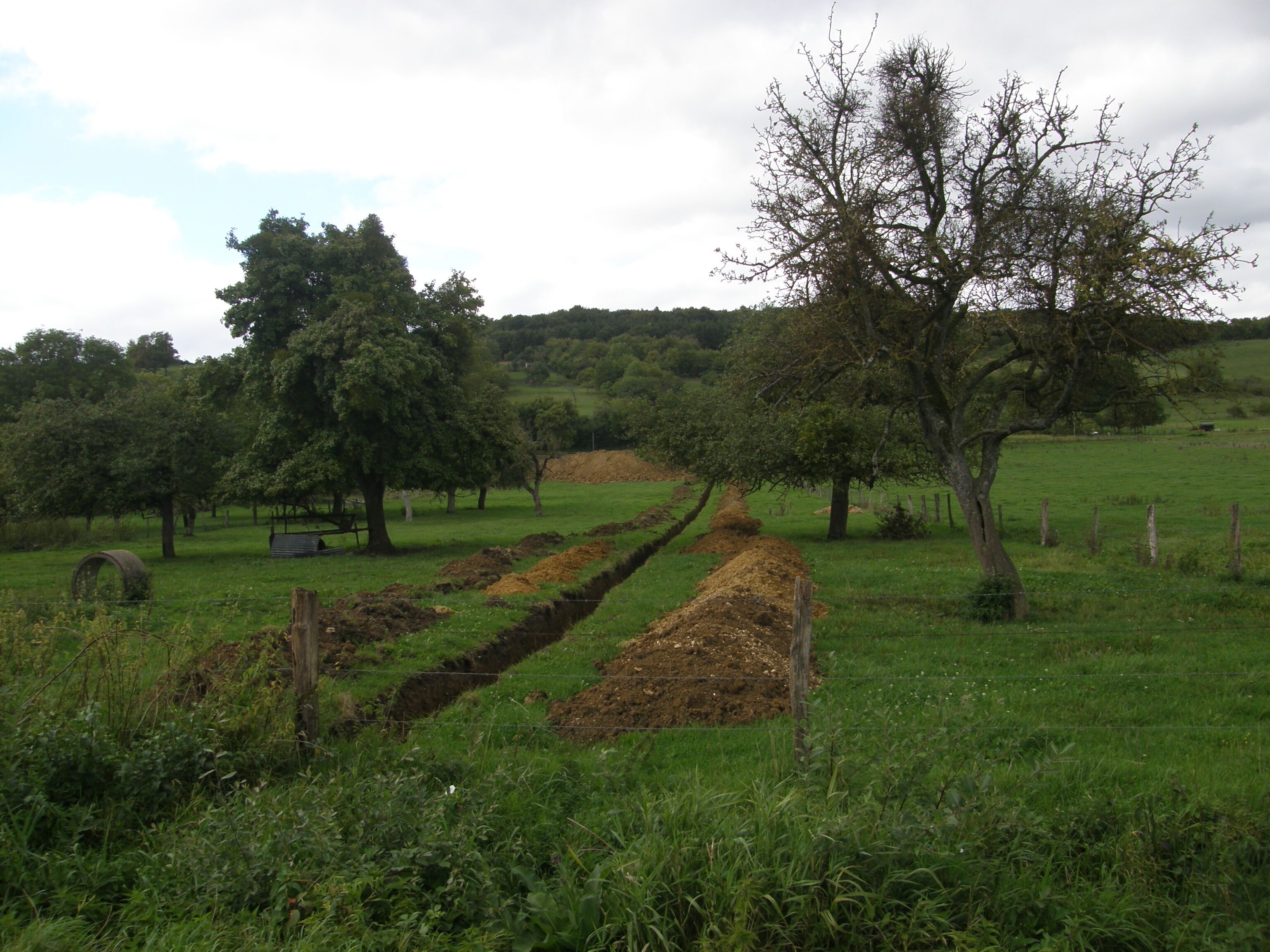 Réville (Meuse). Travaux de terrassement en vue de la construction d'une maison individuelle. Tranchée pour les rejets du dispositif d'assainissement non collectif.