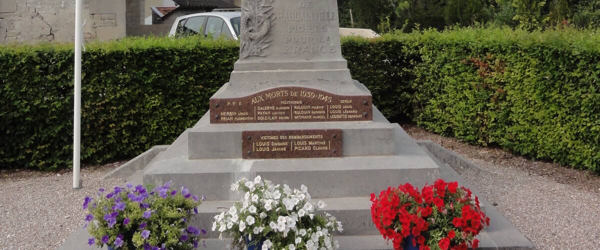 A monument with inscriptions and a statue, surrounded by greenery and residential buildings.
