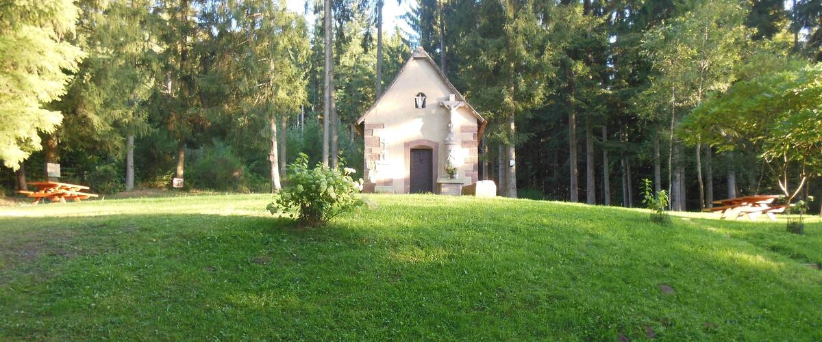 A small stone chapel surrounded by a grassy area and tall trees.