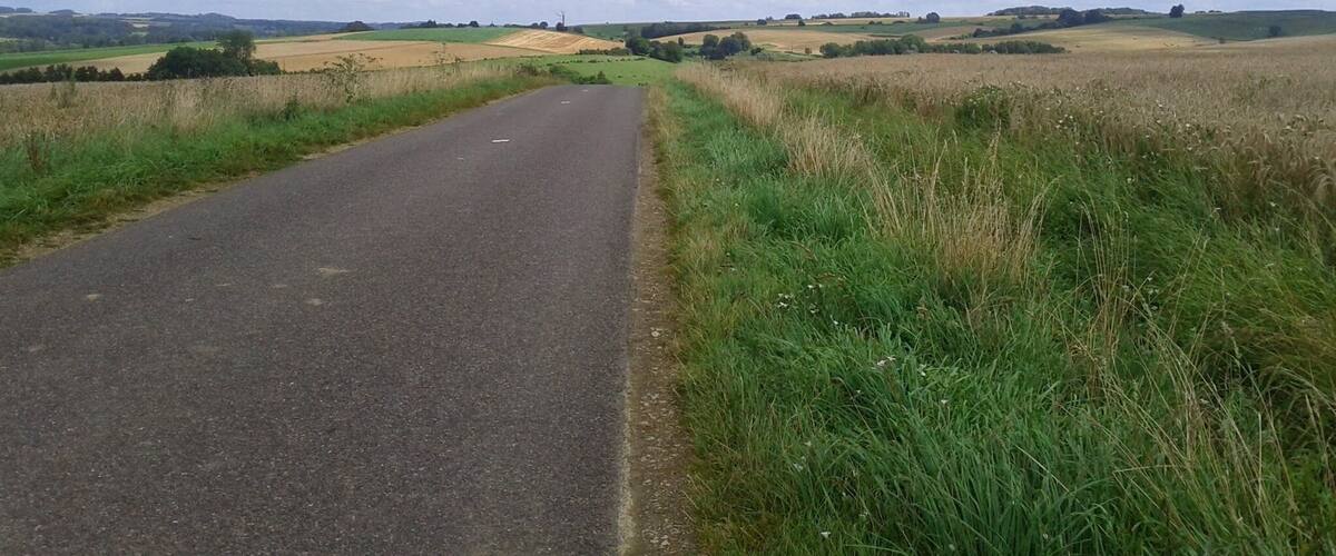 A rural road flanked by fields and rolling hills under a partly cloudy sky.