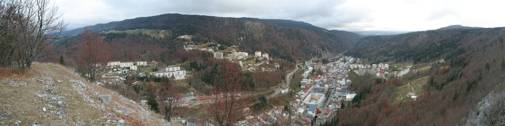 La ville de Morez (France), vue de la Roche au Dade (919 m d'altitude)