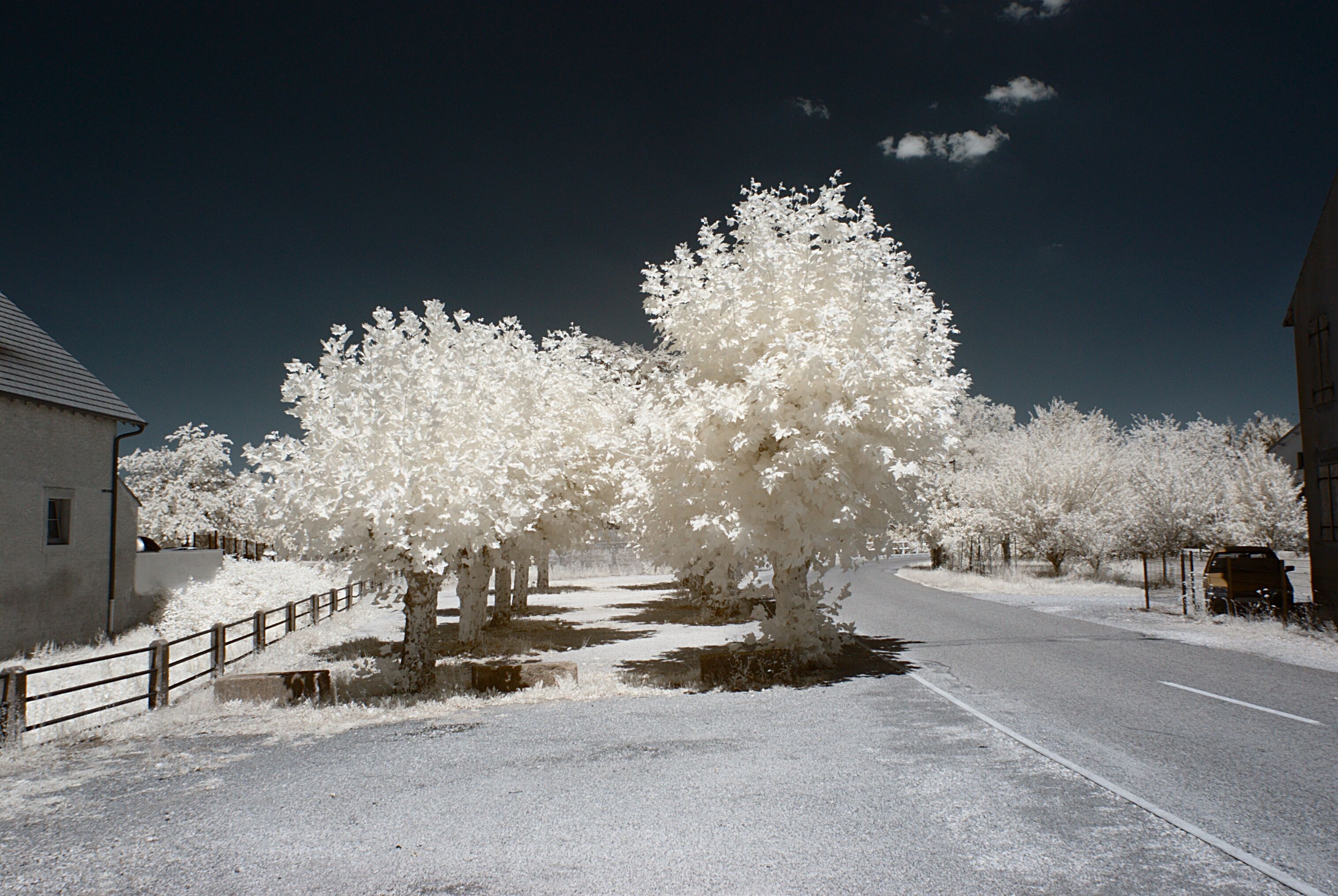 Place du Souvenir, Saint-Aubin (Jura, Franche-Comté, France) photographié avec un filtre infrarouge 720 nm.