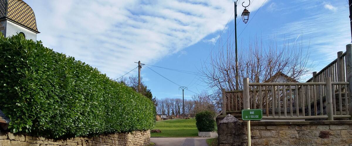 A rural road with a stone wall and a green hedge on one side, and a wooden fence on the other.