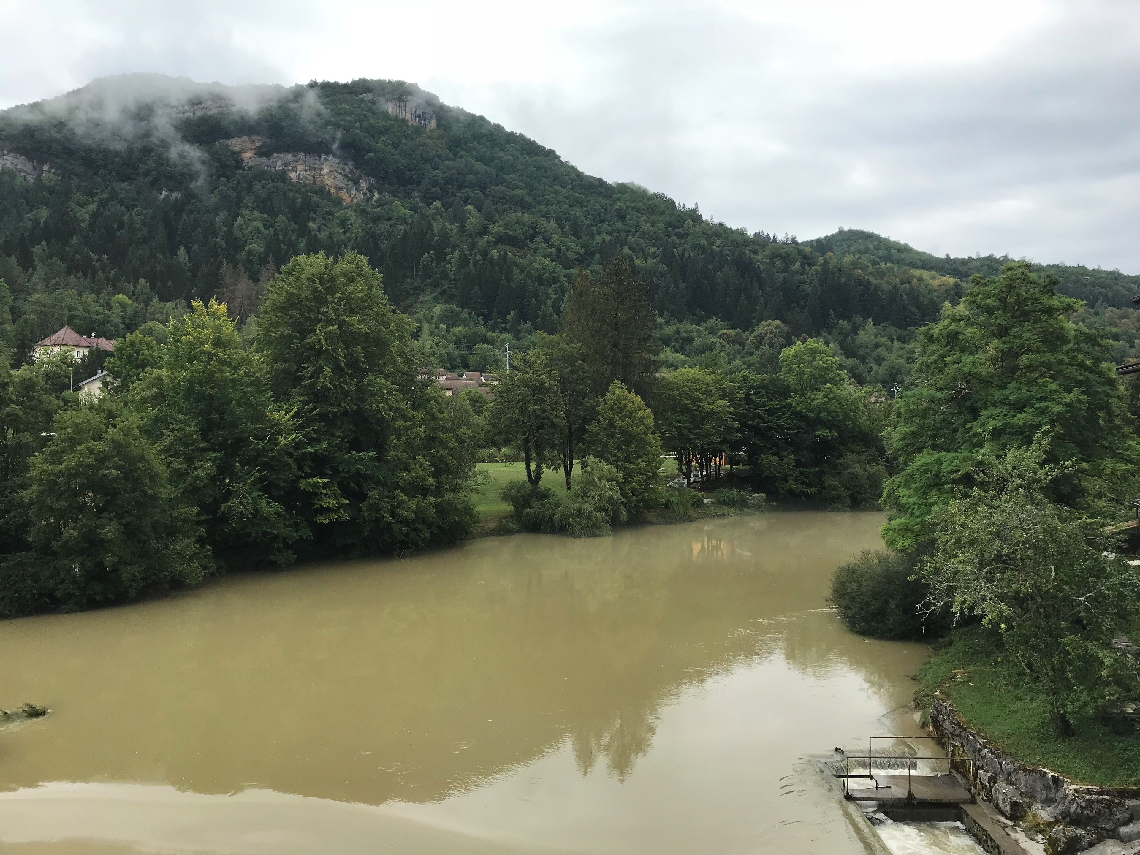 A river flowing through a valley with dense greenery and houses in the background.