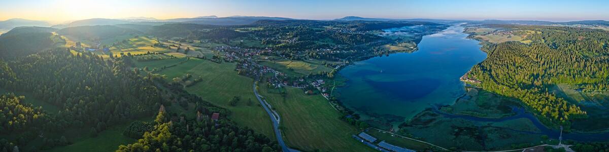 Aerial view of Lac de Vouglans in the Jura, France at sunrise