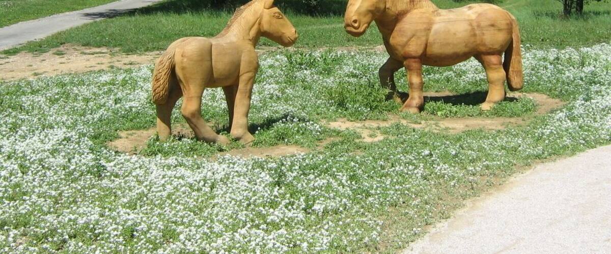 Two wooden horse statues in a grassy field with trees and a dirt path in the background.