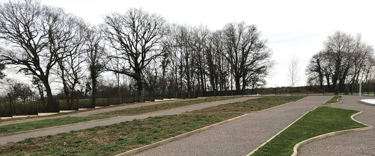 A park with gravel paths, green lawns, and leafless trees.
