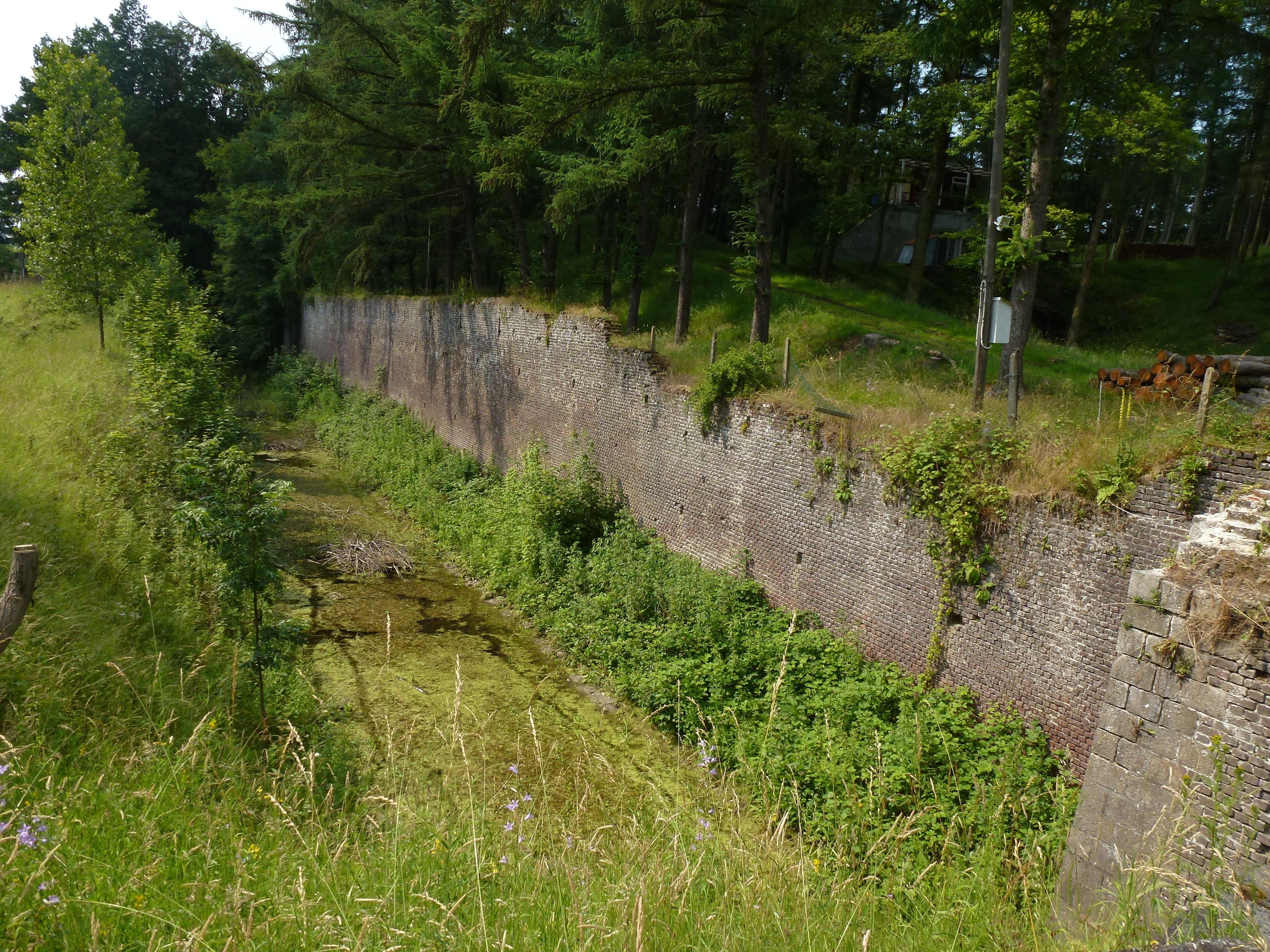 A brick wall with vegetation growing over it, surrounded by trees and grass.